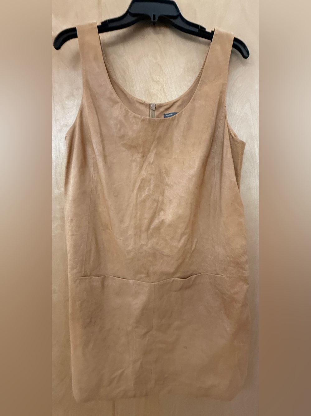Vince Tan Leather Scoop Neck Shift Dress Front Pockets Size 12 - Picture 7 of 15